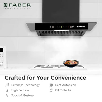 Faber 60cm 1300 m³/hr Autoclean T-Shape Kitchen Chimney | Autoclean Alarm | Mood Light | 12Yr Warranty on Motor 2Yr Comprehensive by Faber|Filterless|Touch & Gesture|HOOD IGNIS IN HC SC BK FL 60,Black 
