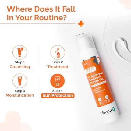 The Derma Co 1% Hyaluronic Sunscreen Oil-Free Gel SPF 50 PA++++ | For Oily, Acne-Prone Skin | Lightweight Texture | No White Cast | UVA/UVB, Broad Spectrum Protection & Blue Light Protection | Non- Comedogenic | Clinically Tested - (In -Vivo) | Tan Protec 