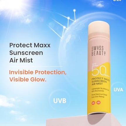 Swiss Beauty Protect Maxx Sunscreen Air Mist | SPF 50 PA+++ | With Niacinamide | UVA+UVB Protection | Even Over Makeup | For Face & Body | 80ml 