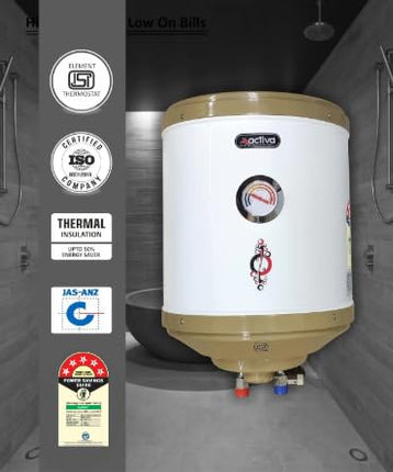 Activa 15L Water Heater Geyser with Temperature Meter, 2 KVA ISI Cooper Element, 0.75mm Anti Rust Coated Tank, ABS Body, BEE 5 Start Rated, Adjustable Thermostat, Free Instalation Kit, 5 Year Warranty 