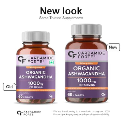 Carbamide Forte Organic Ashwagandha 1000mg Tablets|Stress & Anxiety Relief Tablets |Ashwagandha Powder tablet 1000 mg|Rejuvenates Mind & Body - 60 Organic Ashwagandha Tablets, 1 count, 60 capsules 