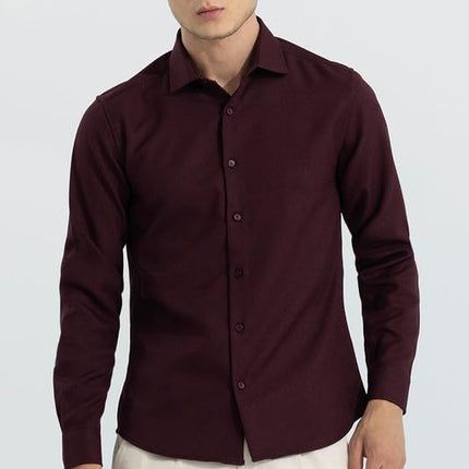 SNITCH crapepoly Maroon Spread Collar Solid Slim Fit Shirt 
