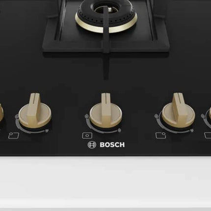 Bosch Built in Gas Hob Black Tempered glass Glass 5 Burner Auto Ignition 90 cm True Brass 2D Ring Burners with Matt Black Heat Shields & Cast Iron pan supports (PNV9B6F20I) 