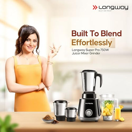 Longway Super Pro 750 Watt Juicer Mixer Grinder with 4 Jars for Grinding, Mixing, Juicing with Powerful Motor | 2 Year Warranty | (Black, 4 Jars) 