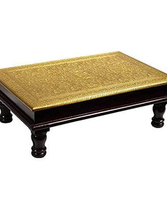 Kamdhenu art and craft Wooden Chowki | Floral Brass Fitted Decorative Bajot for Sitting Pooja Temple 12 x18 