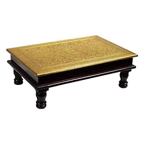 Kamdhenu art and craft Wooden Chowki | Floral Brass Fitted Decorative Bajot for Sitting Pooja Temple 12 x18 