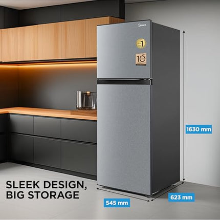 Midea 253 L,2 Star Frost Free Double Door Refrigerator with real Inverter Compressor, Deo Fresh TechnologyEnergy Efficient,Stabilizer Free Operation, Adjustable Shelves (MDRT350FGI50, Crystal Silver) 