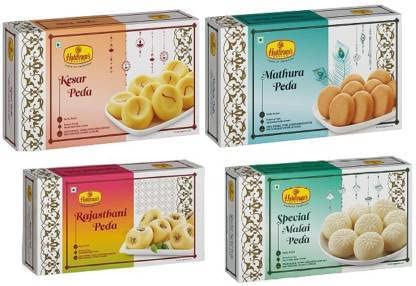 Haldiram's Nagpur Peda Combo Pack (Rajasthani Peda, Kesar Peda, Mathura Peda, Special Malai Peda) 250gm x 4, Milk 