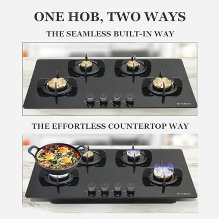 Faber 4 Burner 90Cm HOB |Auto Ignition| HOB PRIME HT904 CRS BR CI AI |Metal Knobs| Cast Iron Pan Support|HOB/Cooktop Hybrid|Black Glass Finish |5 Yrs Warranty On Glass,Valve & 2 Yrs On Burner 