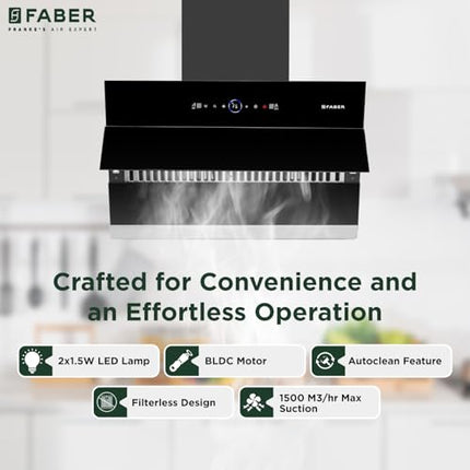 Faber 75cm 1500m³/hr BLDC Autoclean Slant Chimney|Black Matt Filterless||9 Speed|Touch & Gesture Control|Oil Collector|12Yrs on Motor,5Yrs Comprehensive Warranty by Faber|Hood Maple BLDC FL HC BK 75 