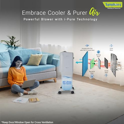 Symphony HiFlo 40 Personal Air Cooler For Home with Powerful Blower, Honeycomb Pads, i-Pure Technology and Low Power Consumption (40L, Light Grey) 