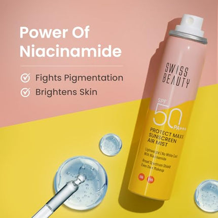 Swiss Beauty Protect Maxx Sunscreen Air Mist | SPF 50 PA+++ | With Niacinamide | UVA+UVB Protection | Even Over Makeup | For Face & Body | 80ml 