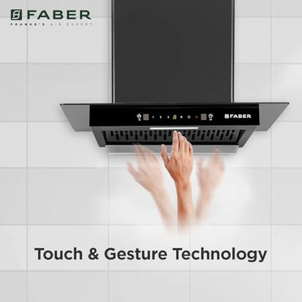 Faber 60cm 1300 m³/hr Autoclean T-Shape Kitchen Chimney | Autoclean Alarm | Mood Light | 12Yr Warranty on Motor 2Yr Comprehensive by Faber|Filterless|Touch & Gesture|HOOD IGNIS IN HC SC BK FL 60,Black 