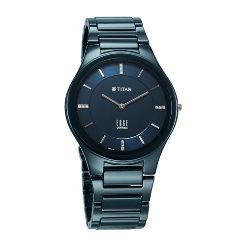 Titan Edge Ceramic Dress Watch Diamonds Quartz Blue Dial Blue Strap For Men