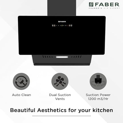 Faber 90cm 1200 m³/hr Vertical Wall Mounted Chimney|Filterless|Two Way Suction|Auto Clean|8 Yrs on Motor & 2 Yrs Comprehensive Warranty by Faber|Touch & Gesture Control|Hood Mojito IN HC SC FL BK 90 