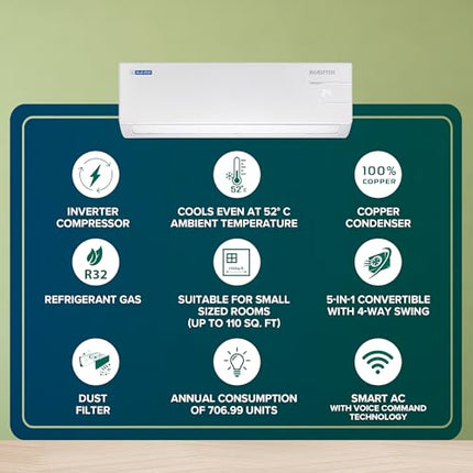 Blue Star 1 Ton 3 Star, 60 Months Warranty, Wi-Fi Smart Inverter Split AC (Copper, Convertible 5 in 1 Cooling, Voice Command, Multi Sensors, Blue Fins, Self Diagnosis, IE312YNUS, White) 