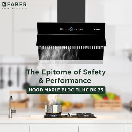 Faber 75cm 1500m³/hr BLDC Autoclean Slant Chimney|Black Matt Filterless||9 Speed|Touch & Gesture Control|Oil Collector|12Yrs on Motor,5Yrs Comprehensive Warranty by Faber|Hood Maple BLDC FL HC BK 75 