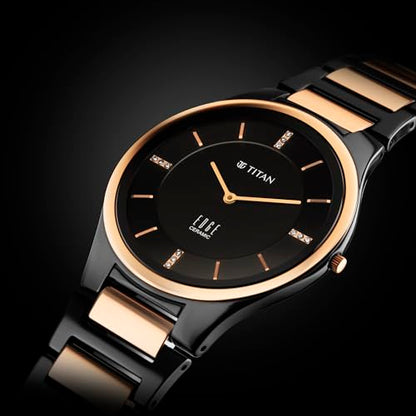 Edge Titan Ceramic Dress Watch Diamonds Quartz Analog Black Dial Two Tone Strap