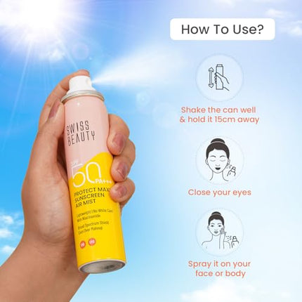 Swiss Beauty Protect Maxx Sunscreen Air Mist | SPF 50 PA+++ | With Niacinamide | UVA+UVB Protection | Even Over Makeup | For Face & Body | 80ml 