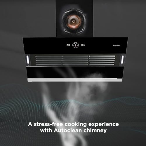 Faber 90 cm 1200 m3/hr Slant, Filterless Auto Clean Chimney, 12Yr Warranty on Motor(2Yr Comprehensive)|| Italian Design (HOOD VERTIGO FL SC AC BK 90, Touch & Gesture Control, Black) 