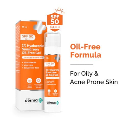 The Derma Co 1% Hyaluronic Sunscreen Oil-Free Gel SPF 50 PA++++ | For Oily, Acne-Prone Skin | Lightweight Texture | No White Cast | UVA/UVB, Broad Spectrum Protection & Blue Light Protection | Non- Comedogenic | Clinically Tested - (In -Vivo) | Tan Protec 