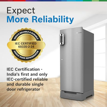 Bosch SmartChoice 207 L, 3 Star, Single Door Refrigerator with Industry's largest base drawer & veg box*(CST20S23PI,Fine Steel) |18 Hr Cooling Retention, 2.5x Faster Cooling, smart inverter compressor 