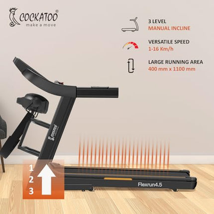 Cockatoo Flex Run4.5M 4.5HP Peak DC Motorized Treadmill for Home, with Massager & 3 Level Manual Incline, Max Speed 16 Km/Hr, Max User Weight 120Kg, with Bluetooth & Speaker(DIY) 
