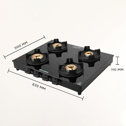 Faber 4 Burner Auto-Ignition Cooktop| ONYX AI 4BB BK |Black ABS Knobs| Brass Burners| Cast Iron Pan Support| Black Glass Finish |7 Yrs Warranty Glass & 5 Yrs on Burner & Valve | 2 Yrs Comprehensive 