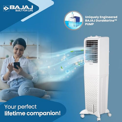 Bajaj TMH50 Tower Air Cooler 50L|for Larger Room|Inverter Compatibility|Honeycomb Cooling Pads|Typhoon Blower Tech|Portable AC|30-Ft Air Throw|3-Yr Product 2-Yr Pump 1-Yr Motor Warranty【White】 