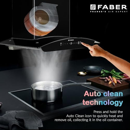 Faber Hood Marcus 60cm 1300 m³/hr Filterless Autoclean Chimney | Touch & Gesture Control | Curved Shaped |12Yr on Motor, 2Yr Comprehensive Warranty by Faber | HOOD MARCUS HC SC BK FL 60, Black 
