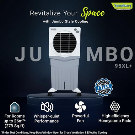 Symphony Jumbo 95XL+ Desert Air Cooler for Home with Honeycomb Pads, Powerful Fan, and Cool Flow Dispenser (95L, White) 