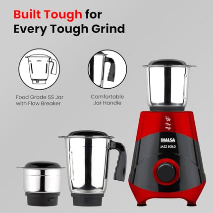INALSA Mixer Grinder|500W Powerful Motor|High RPM 21000 for Finer Grinding Result|3 Stainless Steel Jars (1.2 L,0.8 L,0.4 L)|Leak-Proof Lid|3 Speed Control & Pulse Function|2 Year Warranty|Jazz Bold 