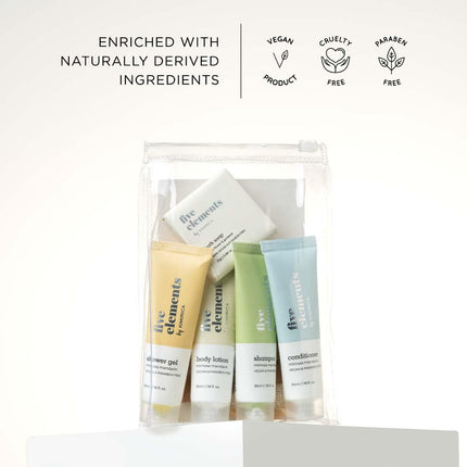 Kimirica Travel Kit Bath set Five Elements Luxury Bath and Body Care Travel pouch| 6 in 1 self-care travel kit with a reusable pouch 100% Vegan 
