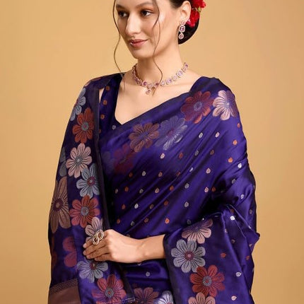 C J Enterprise Women's Banarasi Saree Pure Kanjivaram Silk Saree Soft Design Wear Pattu Sarees Latest Cotton With Blouse Piece Kanchipuram for Wedding sadi new ladies 2025 (Champa-51) (Navy Blue) 