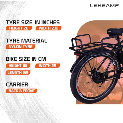 Lekeamp JIT Electric Bike | 26" Tyres | 25 km/h Top Speed | 5-Level Pedal Assist | Disc Brakes | 10.4Ah NMC Detachable Battery | 250W Motor | Spring Front Suspension | Black Box Carrier 