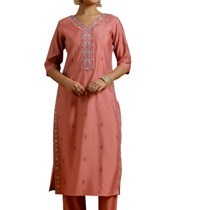 Libas Women's Silk Blend Kurta Sets (GS933_Peach_L) 