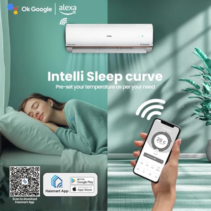 Haier 1.5 Ton 4 Star Triple Inverter Smart Split AC (5250 Watts, Copper, Wi-Fi, 4-Way Swing, 7 in 1 Convertible, Frost Self Clean, HD Filter, Cools at 60°C - HSU18K-PYFR4BN-INV, White) 