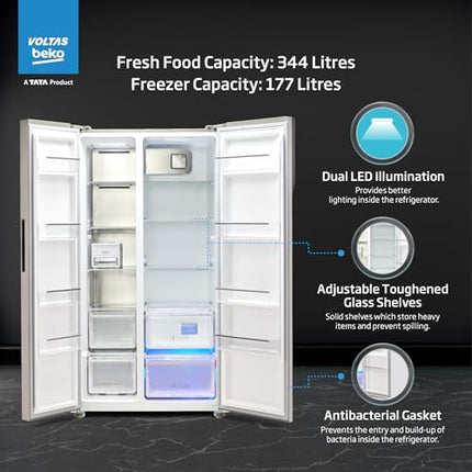 Voltas Beko, A Tata Product 563 L Side by Side Frost Free Refrigerator with ProSmart Inverter Compressor (RSB585/FPV300RXID, INOX steel, Active Fresh Blue Light) 