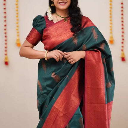 SGF11 Women's Kanjivaram Soft Lichi Silk Saree With Blouse Piece (Rama Green) 
