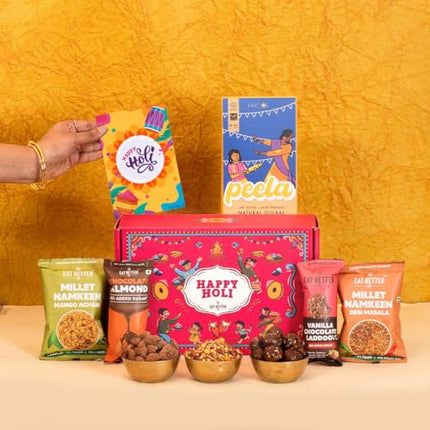 EAT BETTER CO - 6 Item Holi Gift Hamper with Gulaal, Chocolate Coated Nuts, Dry Fruit Laddoos & Chatpata Healthy Millet Namkeen 