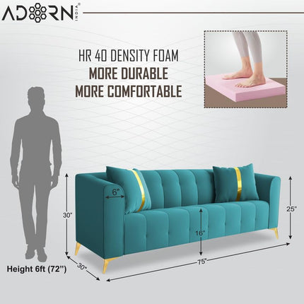 Adorn India Premium Mystic - 3 Years Warranty - 3 Seater Sofa Velvet Suede Fabric - Aqua Blue 