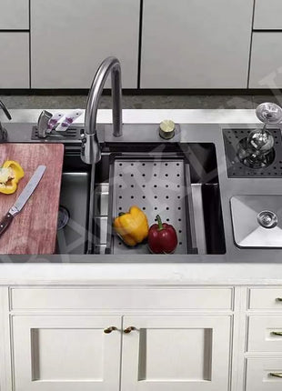 Kitchen Sink 35 Inch - SS 304 Grade Modular Kitchen Sink With Waterfall Pull Down Faucet | Single Bowl With RO-Water Purifier Tap | Fruit Basket & All Accessories (Black, Dustbin 35 X 18 X 9 Inch)