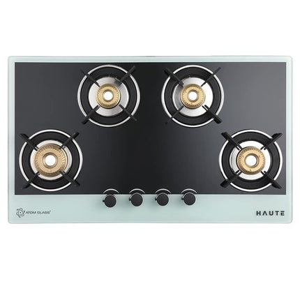 Haute Kitchen Haute Evoque Series 2.0 X Sabaf Black&White 4 Burner Manual Ignition Glass Gas Stove |8MM Atom Glass || Door Step Service | 5 years warranty on Burner, Glass, Valves By Haute Home 