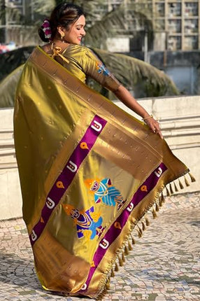 SGF11 Women's Kanjivaram Paithani Soft Silk Saree With Unstitched Blouse Piece (Mahendi Green) 