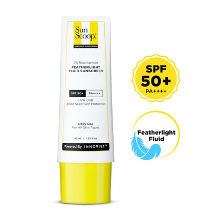 SunScoop 3% Niacinamide Fluid Sunscreen | Ultra-Light Texture | SPF 50+ PA++++| Fast Absorption, Prevents Tanning & Sunburn | Reduces pigmentation | All SkinTypes | 45ml 