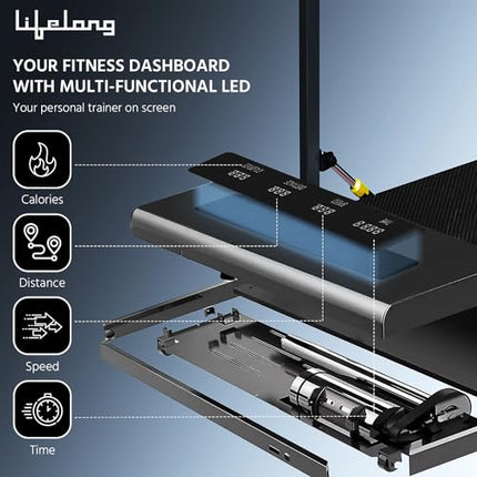 Lifelong Walking Pad Treadmill for Home 2.5Hp Peak Dc Motor- Foldable Under Desk Treadmill-Walking Machine at 8Km/Hr Speed with Led Display-Cardio Equipment for Home Gym 110Kg Capacity(Lltm163),Black 