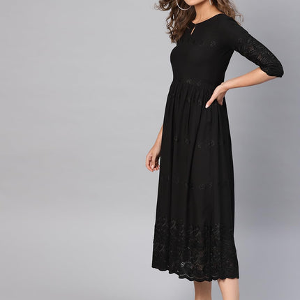 Libas Women's Viscose Rayon A-Line Long Casual Dress (8404MJ_Black 