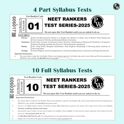 PW NTA NEET Rankers Test Series 2025 Updated as per Latest NEET Pattern 180 Questions Verified & Curated by Expert Faculties | 10 Full Syllabus + 4 Part Syllabus (Class 11 & 12) | OMR Sheet, Solution Booklet with NCERT References 