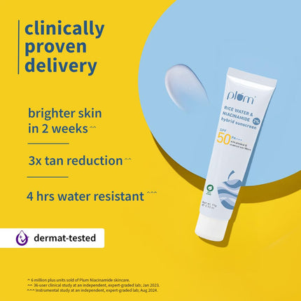 Plum 2% Niacinamide & Rice Water Sunscreen SPF 50 PA+++ | for Oily, Dry & Combination Skin | UVA/UVB Protection | Reduces Tan & Brightens Skin | No White Cast & Non-Sticky | for Women & Men | 15g 