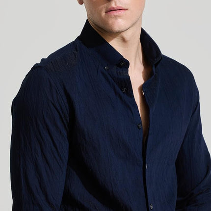 Snitch Men Cotton Blend Slim Fit Navy Casual Textured Shirts, 2XL 